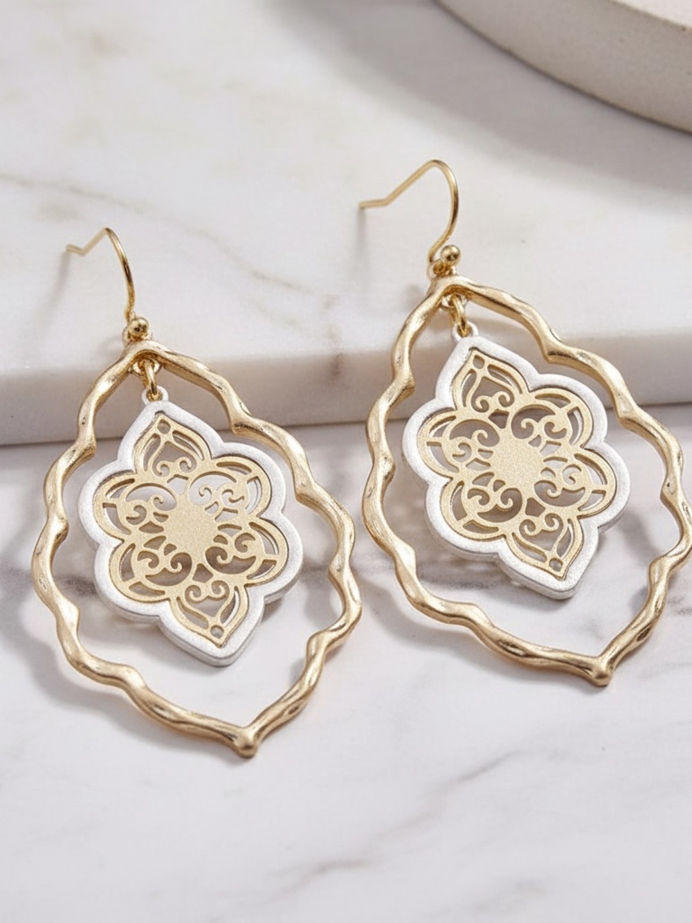 Womens Gold Tone Oval Flower Dangle Earrings‎